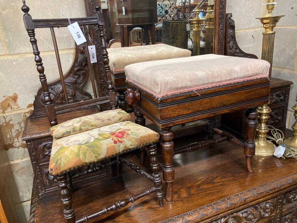 A late Victorian rosewood adjustable piano stool, length 50cm and a child's tapestry upholstered chair (2)